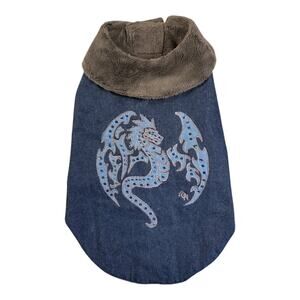 Oscar Newman‎ Dog “Heart of a Dragon” Denim Coat Faux Fur Lining/Collar Sz Large